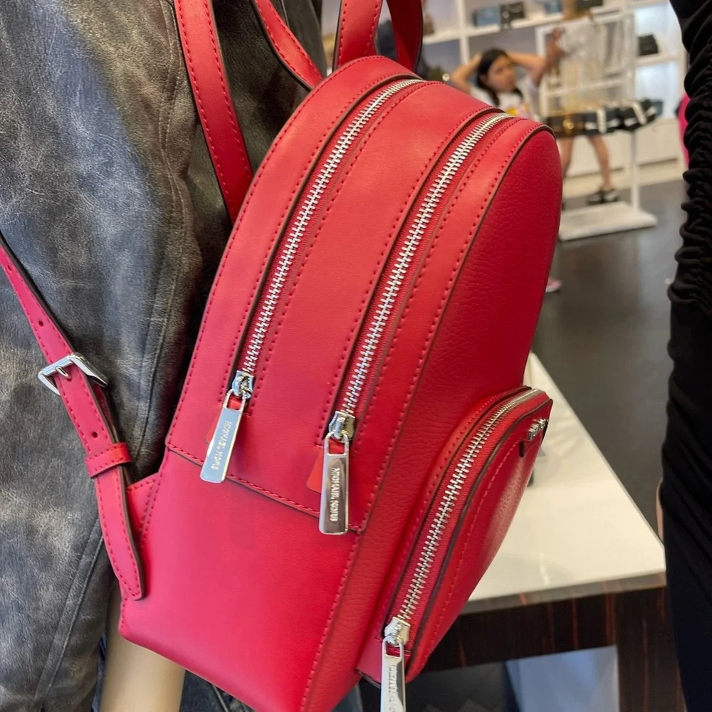 MICHAEL KORS Jaycee Medium Zip Pocket Pebbled Leather Backpack Dark Raspberry